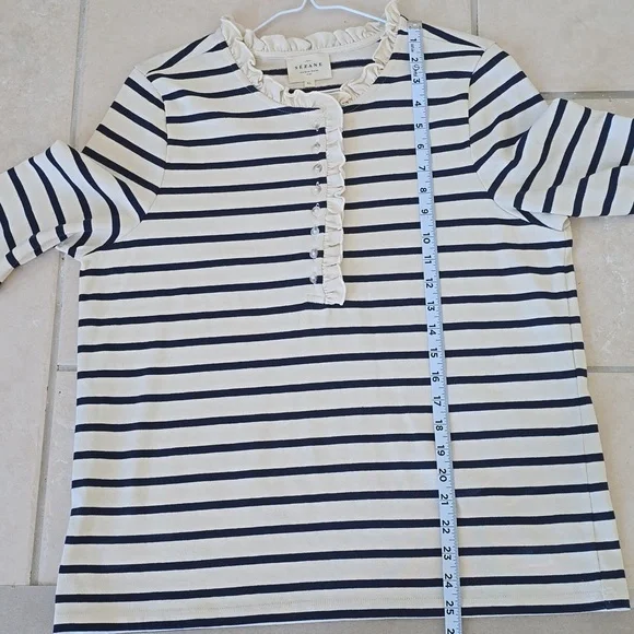 SÉZANE Gael Marienere Ecru Navy Ruffle Edge Button Front Pullover Top XL EUC - Picture 11 of 11